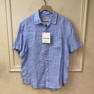 New! Thom Aaron Blue Short Sleeve Linen Button Down Shirt